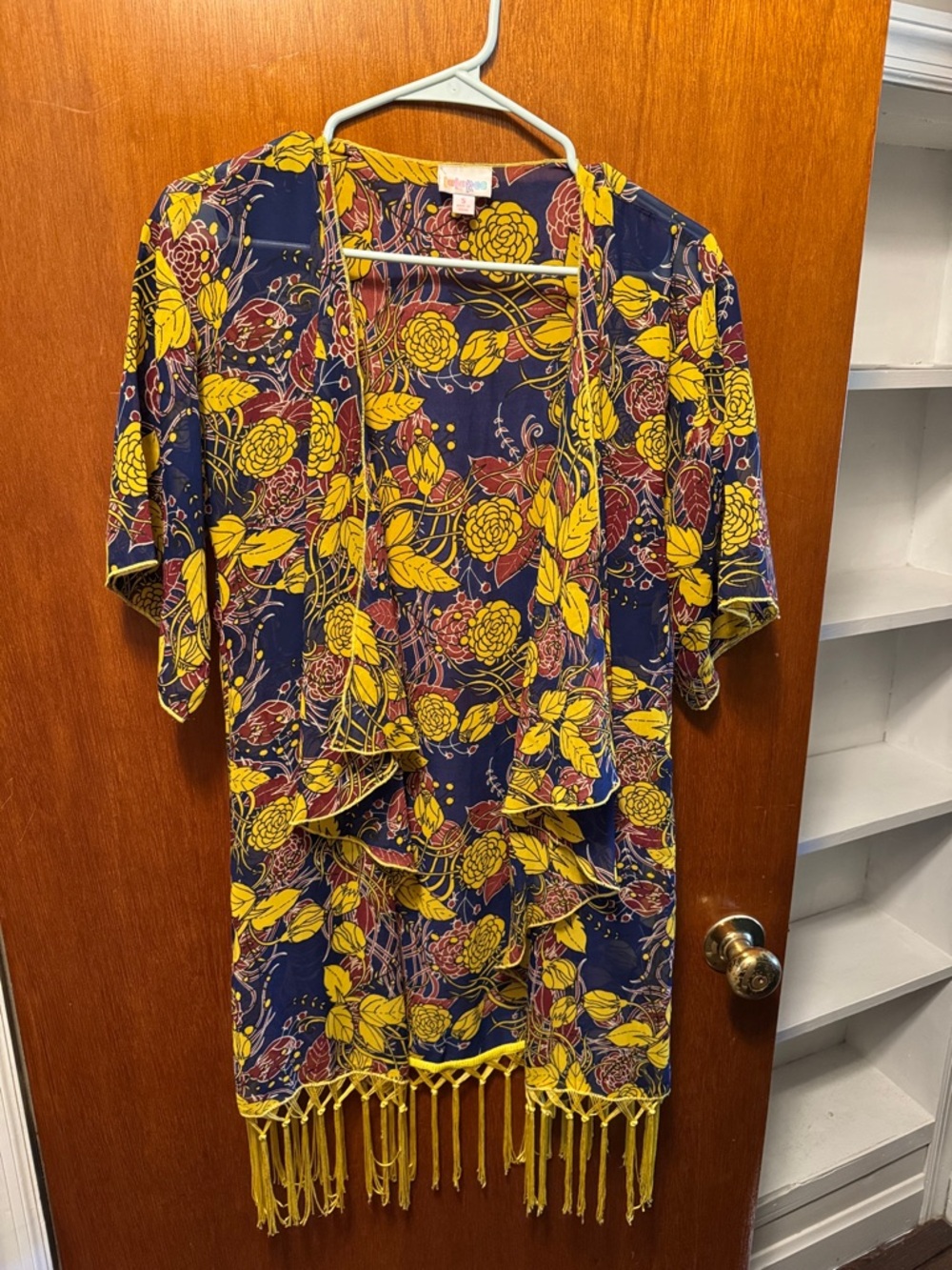 LuLaRoe Navy Blue and Mustard Yellow Floral Fringe Cardigan